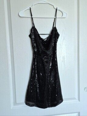Black Sequin Mini Dress with Cowl Neck